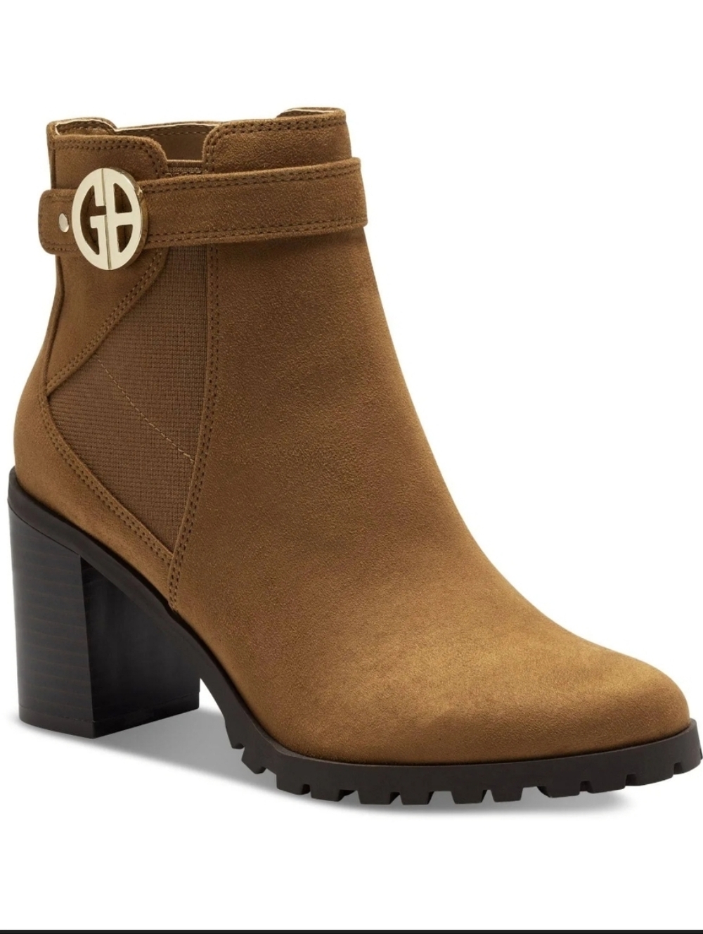 Giani Bernini Hallee Cognac Suede Block Heel Ankle Boot with Logo Strap
